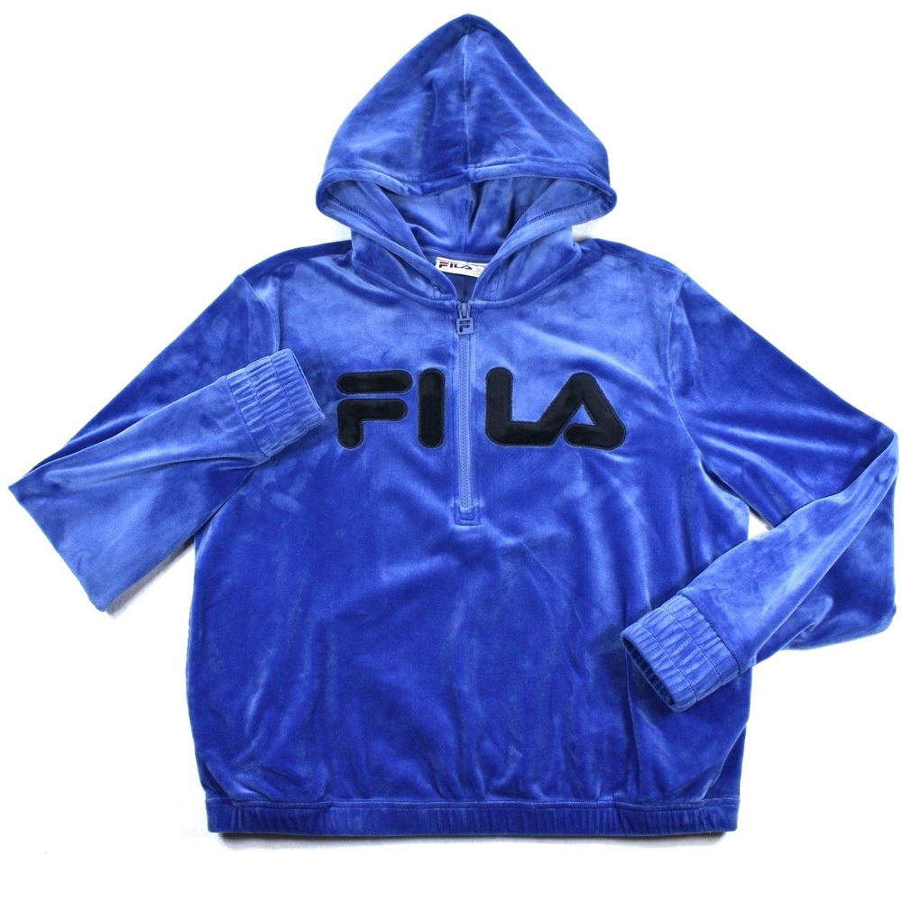 Fila Womens Blue Velour Quarter Zip Hoodie Sweatshirt Black Logo Size Small